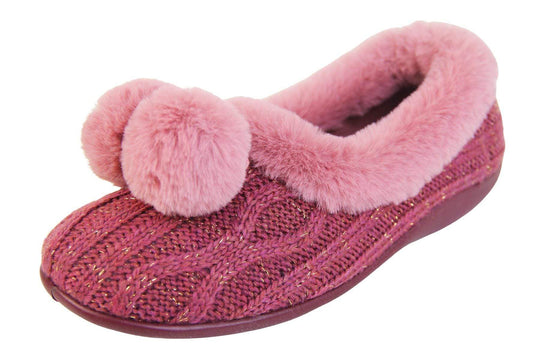 Pink knit with gold metallic thread, ladies slippers with faux fur trim and pom poms left view