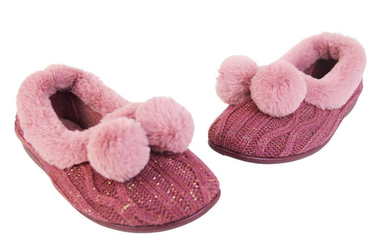 Pink knit with gold metallic thread, ladies slippers with faux fur trim and pom poms outside of both view
