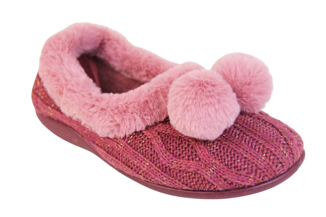 Pink knit with gold metallic thread, ladies slippers with faux fur trim and pom poms right view
