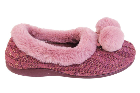 Pink knit with gold metallic thread, ladies slippers with faux fur trim and pom poms side view