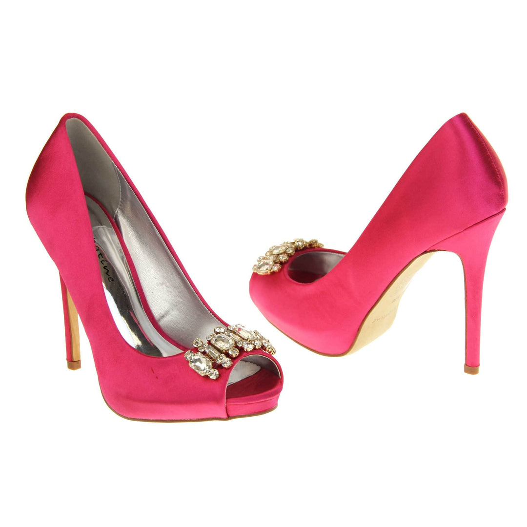 Pink satin wedding shoes. Classic women's peep toe high heels with a fuchsia satin upper. Metallic silver insole with Sabatine branding. Fuchsia satin stiletto heel with a cream sole. Diamante cluster detailing across the toes. Both feet at an angle facing top to tail.