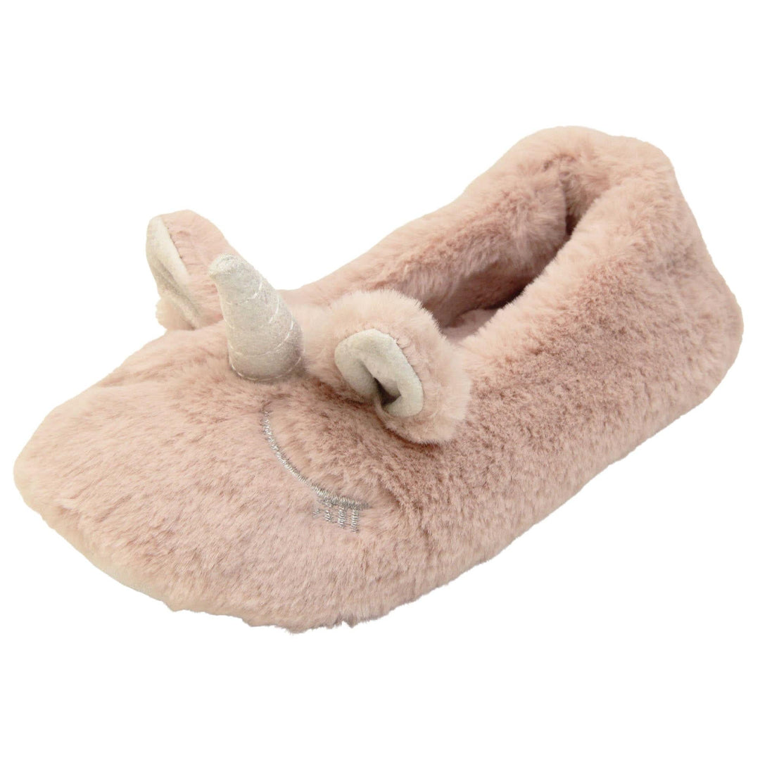 Pink unicorn slippers. Pink faux fur ballet style slipper with a unicorn face stitched into the upper. Sparkly ear and horn detail to the top of the upper. Lined with the same faux fur. Left foot at an angle.