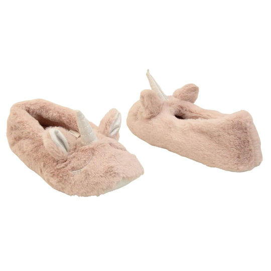 Pink unicorn slippers. Pink faux fur ballet style slipper with a unicorn face stitched into the upper. Sparkly ear and horn detail to the top of the upper. Lined with the same faux fur. Both feet at a slight angle facing top to tail.
