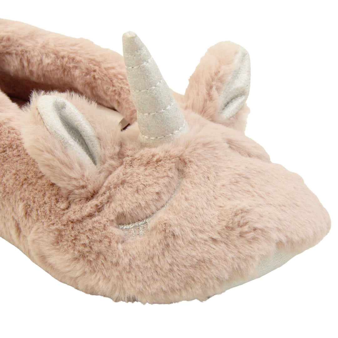 Pink unicorn slippers. Pink faux fur ballet style slipper with a unicorn face stitched into the upper. Sparkly ear and horn detail to the top of the upper. Lined with the same faux fur. Close up of the unicorn face on upper.