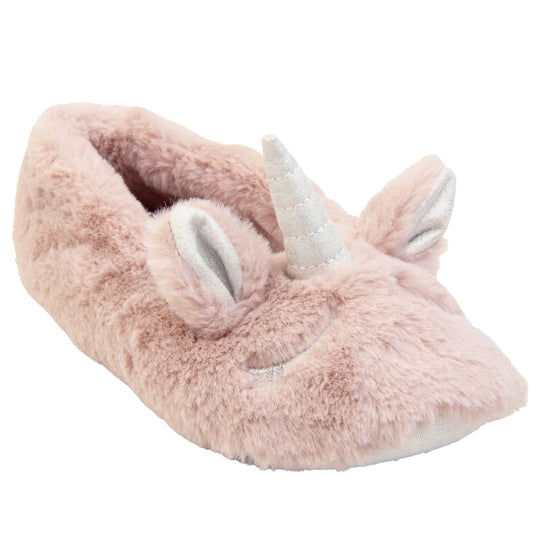 Pink unicorn slippers. Pink faux fur ballet style slipper with a unicorn face stitched into the upper. Sparkly ear and horn detail to the top of the upper. Lined with the same faux fur. Right foot at an angle.