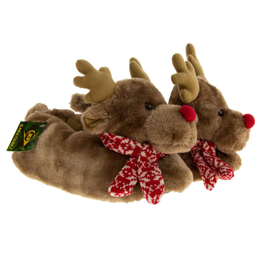 Reindeer slippers womens . Womens padded slippers shaped like a reindeer. With brown faux fur body and head. With light brown antlers, a red nose and a red and white knit scarf. Both feet together at an angle.