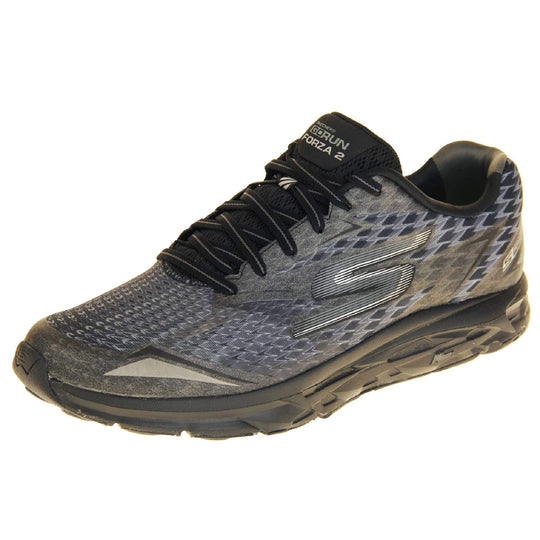 Skechers go run mens. Black mesh upper. Black and grey laces and black textile lining. Grey and white Skechers logo to the side and chunky black outsole with grip. Left foot at an angle.