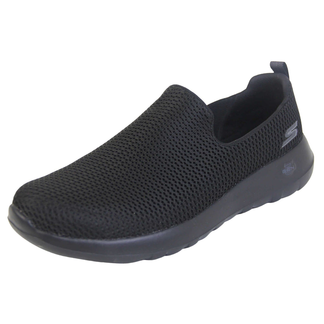 Skechers go walk max. Mens loafer style shoes with a trainer sole. Black woven mesh upper. Skechers S logo to the back. Black sole with grip to the bottom. Black textile lining. Left foot at an angle.