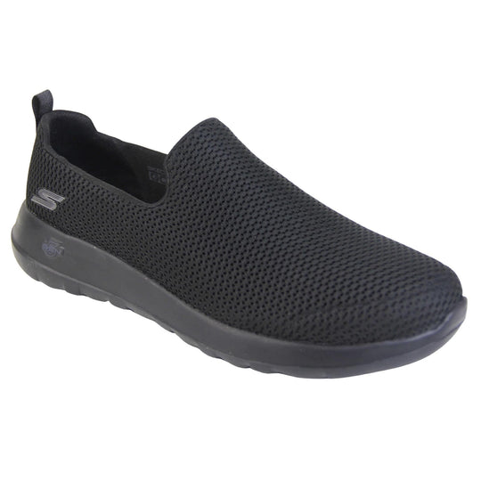 Skechers go walk max. Mens loafer style shoes with a trainer sole. Black woven mesh upper. Skechers S logo to the back. Black sole with grip to the bottom. Black textile lining. Right foot at an angle.
