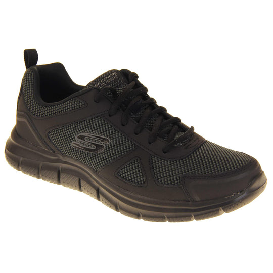 Skecher light weight. Black mesh and leather upper with black laces and black textile lining. Grey and black Skechers logo to the side and chunky black outsole with grip. Right foot at an angle.