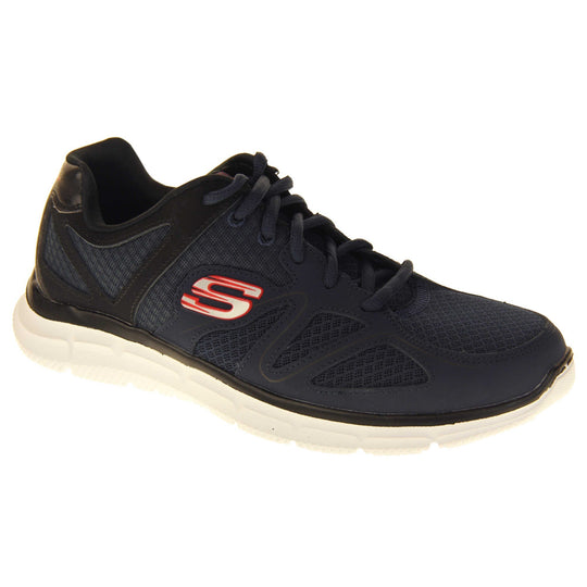 Skechers mens trainers Navy blue mesh and leather upper with black leather accents to the back. Navy laces and black textile lining. Red and white Skechers logo to the side and chunky white outsole with grip. Right foot at an angle.