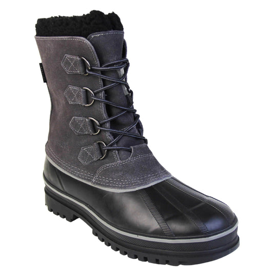 Skechers waterproof boots. Black high ankle boots with a waterproof suede upper and rubber outsole. Elastic faux laces to the front with Skechers branding to the tongue. Black fleecy collar and Thinsulate lining inside the boot. The chunky sole has a grey line running all the way around the top. Right foot at an angle.