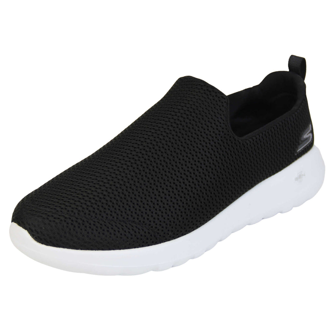 Skechers wide fit trainers. Mens loafer style trainers. Black woven mesh upper. Skechers S logo to the back. chunky white sole with grip to the bottom. Black textile lining. Left foot at an angle.