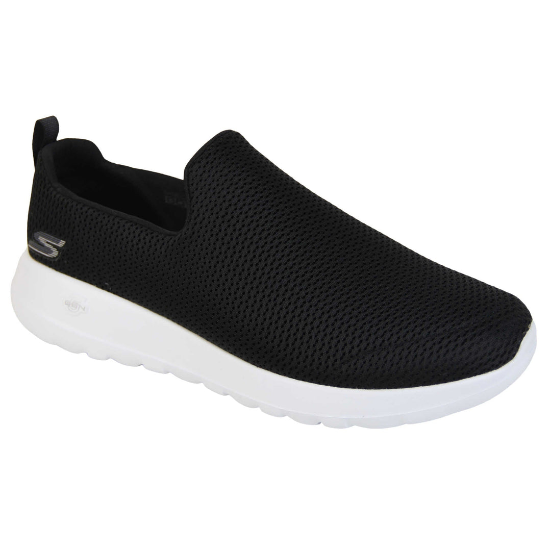 Skechers wide fit trainers. Mens loafer style trainers. Black woven mesh upper. Skechers S logo to the back. chunky white sole with grip to the bottom. Black textile lining. Right foot at an angle.