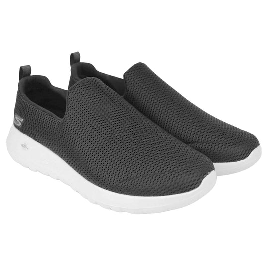 Skechers wide fit trainers. Mens loafer style trainers. Black woven mesh upper. Skechers S logo to the back. chunky white sole with grip to the bottom. Black textile lining. Both feet together from an angle.