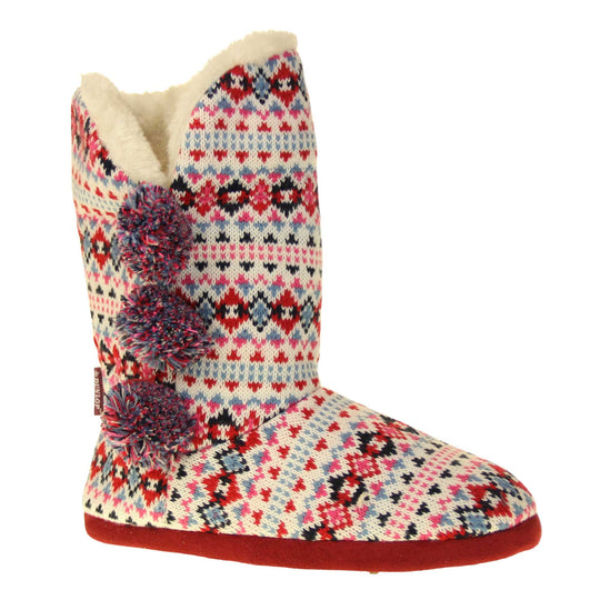 Slipper boots with hard sole. Multi coloured patterned knit upper in a Scandinavian or Aztec style with pom poms to the side, light beige plush faux fur trim and lining. Right foot taken at angle.