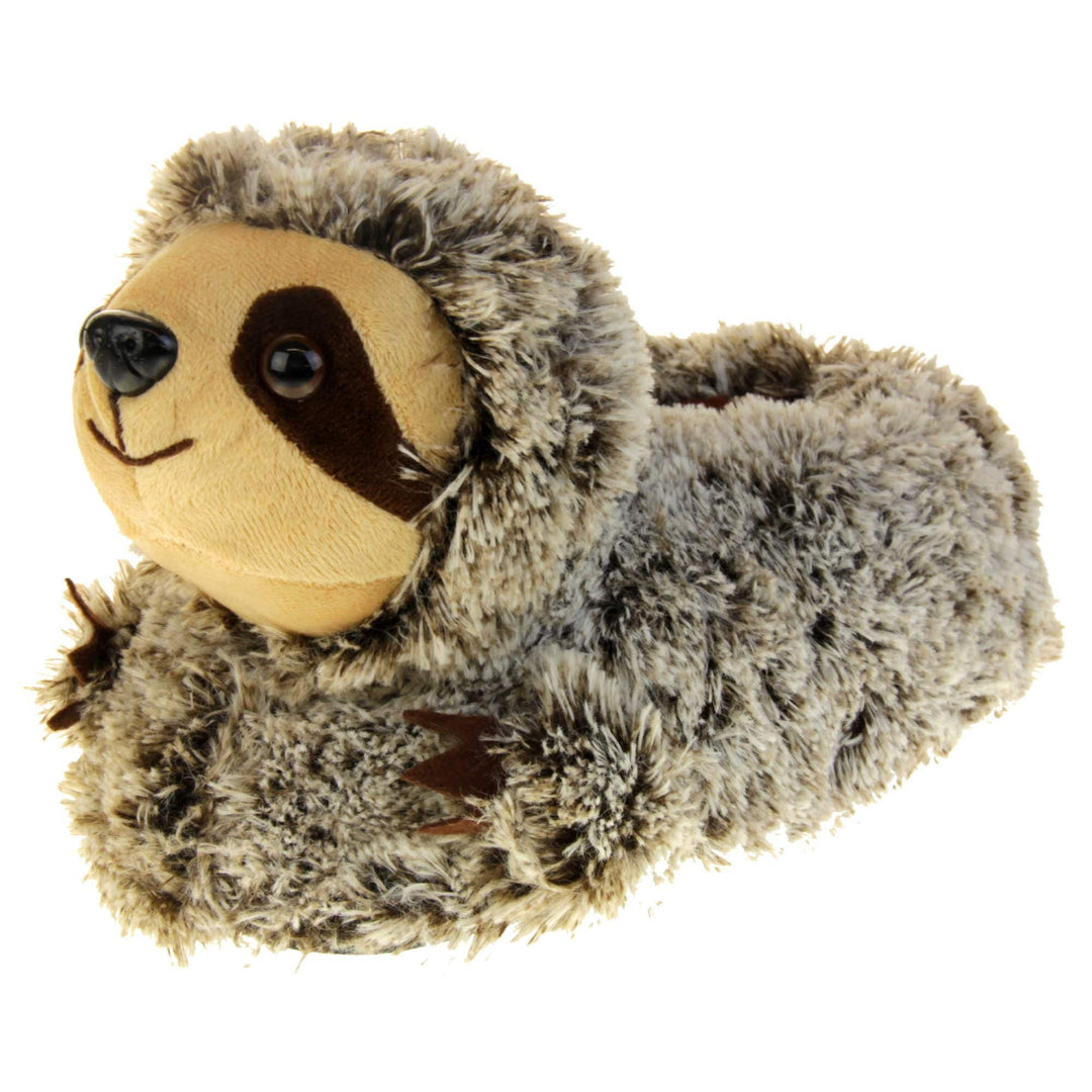 Sloth slippers. Womens padded slippers shaped like a sloth. With brown and cream faux fur body and cream fluffy face. Left foot at an angle.