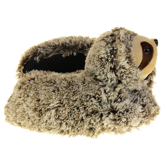 Sloth slippers. Womens padded slippers shaped like a sloth. With brown and cream faux fur body and cream fluffy face. Both feet from a side profile with the left foot on its side behind the the right foot to show the sole.