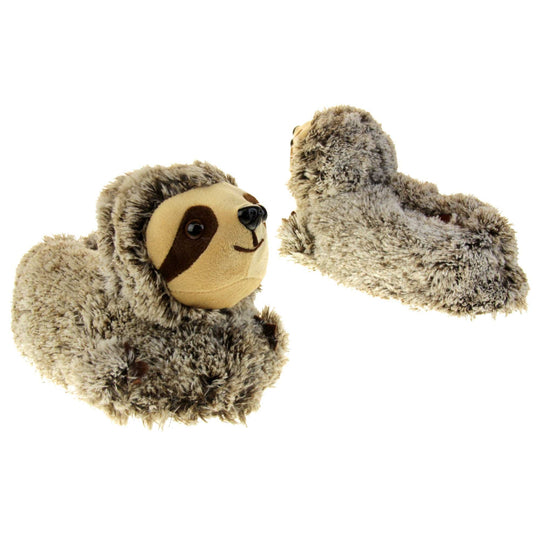 Sloth slippers. Womens padded slippers shaped like a sloth. With brown and cream faux fur body and cream fluffy face. Both feet at an angle, facing top to tail.
