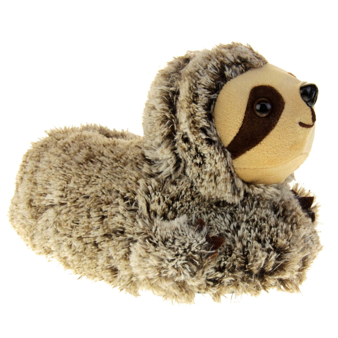 Sloth slippers. Womens padded slippers shaped like a sloth. With brown and cream faux fur body and cream fluffy face. Right foot at an angle.