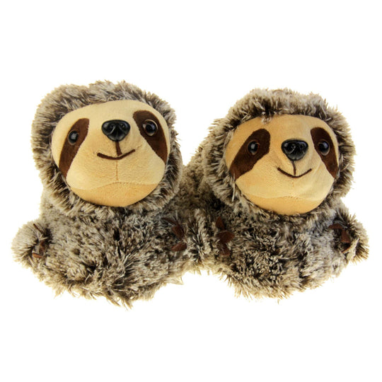 Sloth slippers. Womens padded slippers shaped like a sloth. With brown and cream faux fur body and cream fluffy face. Both feet together from front on to show the sloth faces.