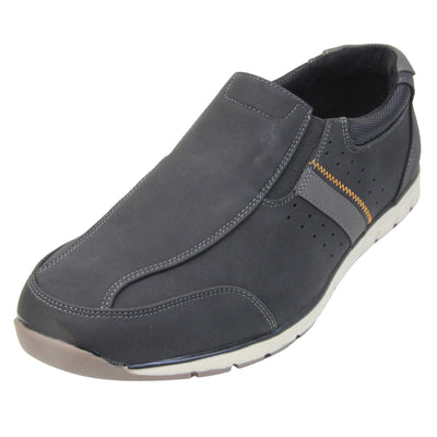 Smart black trainers mens. Slip on trainers with black faux suede uppers. Elasticated side gussets in black and a grey diagonal stripe to the side of the shoe. Black collar around the neck of the shoe with Oakenwood branding to the heel. Black lining and a white outsole with grey sole. Left foot at an angle.