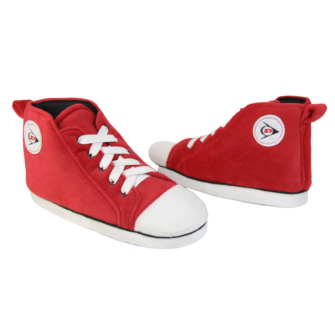 Sneaker slippers. Womens slippers shaped like a high top trainer. With red cushioned uppers and and white toe and sole. With elasticated laces with a white circle on the outside ankle with a Dunlop symbol. Both feet at an angle, facing top to tail.
