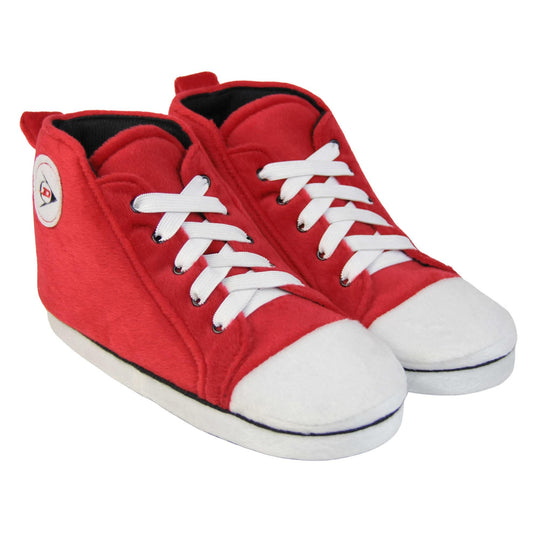 Sneaker slippers. Womens slippers shaped like a high top trainer. With red cushioned uppers and and white toe and sole. With elasticated laces with a white circle on the outside ankle with a Dunlop symbol. Both feet together at an angle.