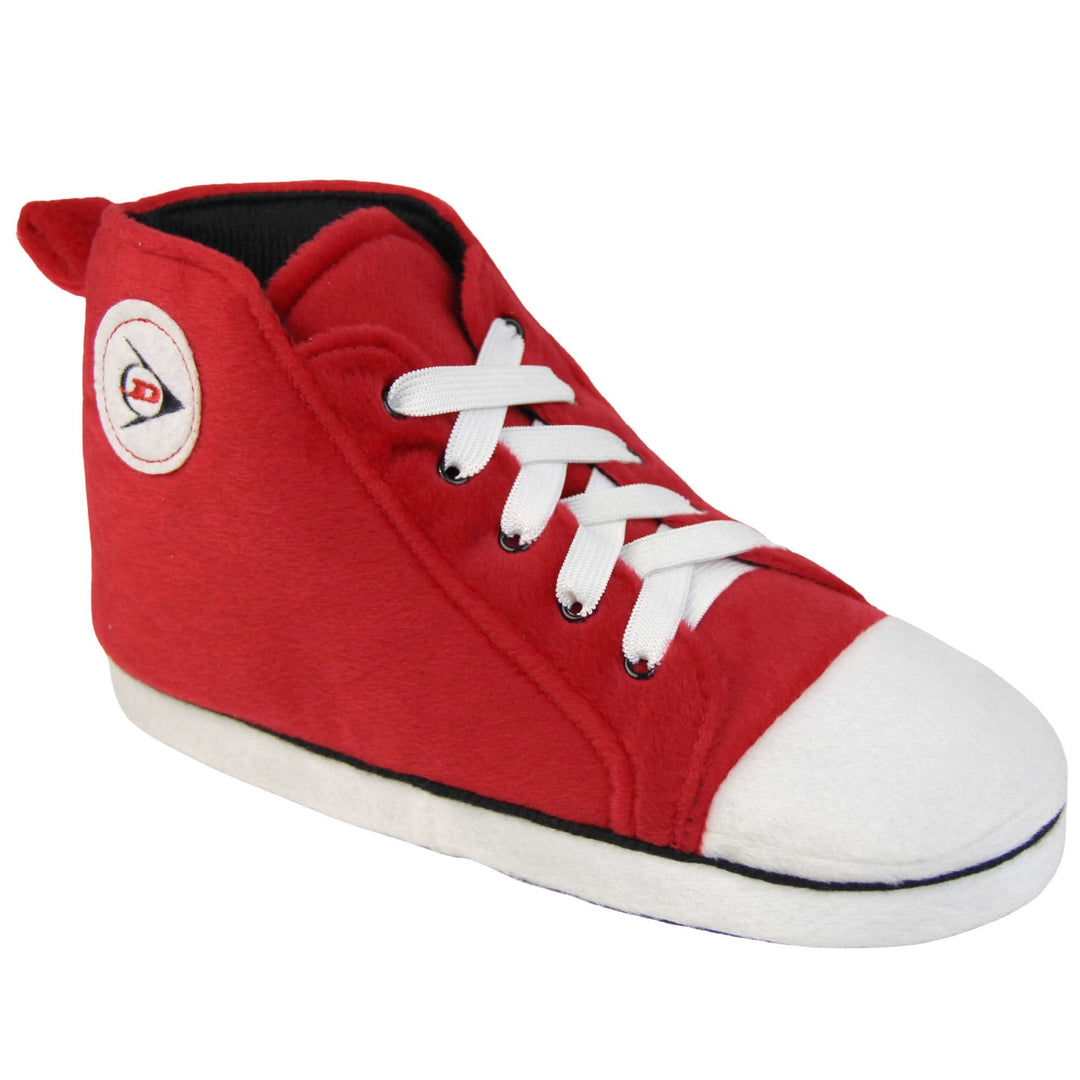 Sneaker slippers. Womens slippers shaped like a high top trainer. With red cushioned uppers and and white toe and sole. With elasticated laces with a white circle on the outside ankle with a Dunlop symbol. Right foot at an angle.