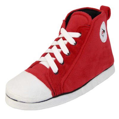 Sneaker slippers. Womens slippers shaped like a high top trainer. With red cushioned uppers and and white toe and sole. With elasticated laces with a white circle on the outside ankle with a Dunlop symbol. Left foot at an angle.