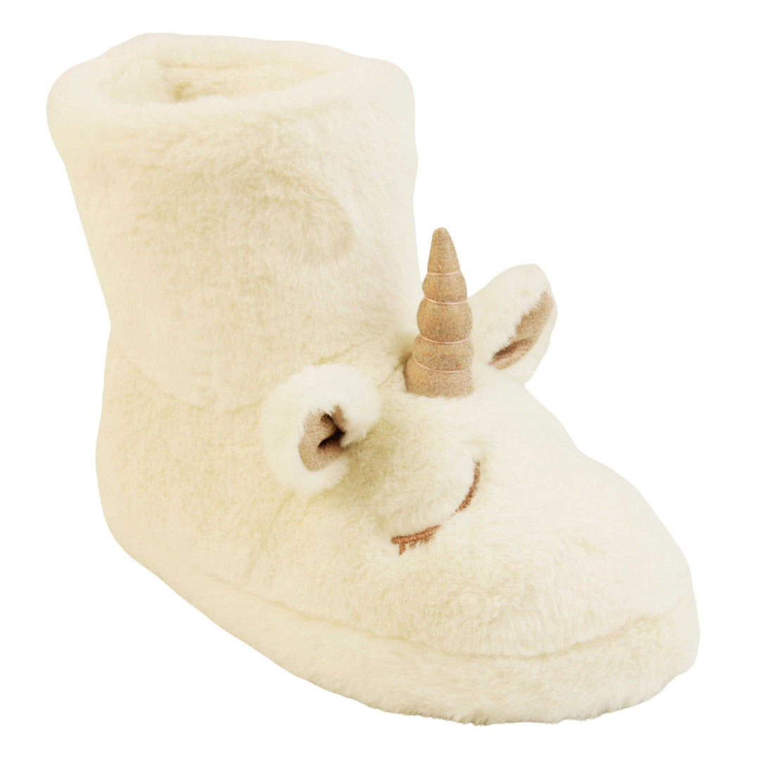Sparkly unicorn slipper boots. Furry slipper boots in white with a cute unicorn face on. With glittery ears and horn. The same colour faux fur lines the boot. Right foot at an angle.