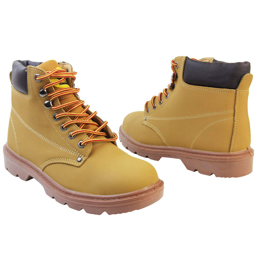 Steel Toe Safety Boots. Tan coloured boots with coated leather uppers to make them waterproof. Red and yellow laces up fastening with steel eyelets for the laces. The tongue has a yellow Tradesafe logo on it. Black padded cuff around the collar of the boots and a brown chunky sole with oil-resistant grip. Both feet facing top to tail at a slight angle.