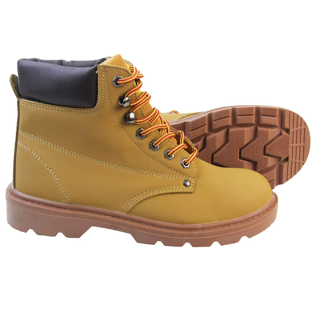 Steel Toe Safety Boots. Tan coloured boots with coated leather uppers to make them waterproof. Red and yellow laces up fastening with steel eyelets for the laces. The tongue has a yellow Tradesafe logo on it. Black padded cuff around the collar of the boots and a brown chunky sole with oil-resistant grip. Both feet from the side with the left foot on its side to show the sole.