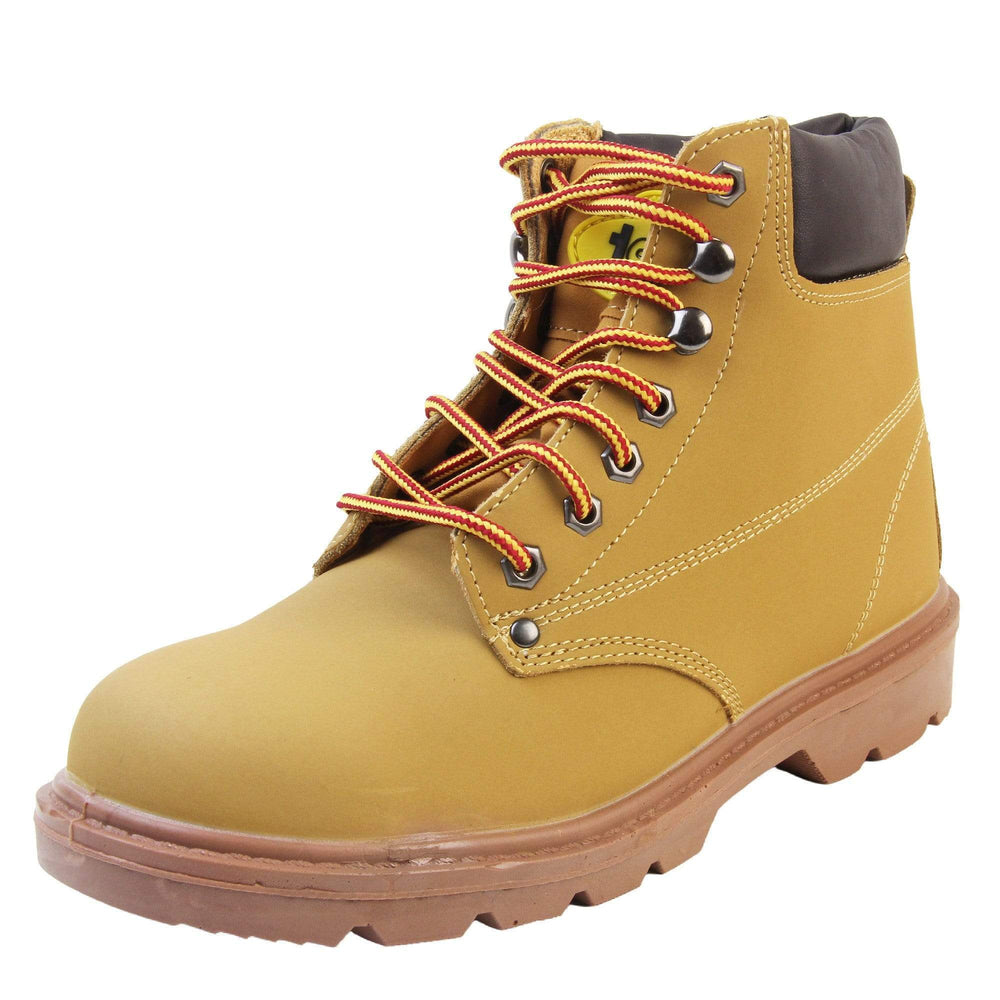 Steel Toe Safety Boots. Tan coloured boots with coated leather uppers to make them waterproof. Red and yellow laces up fastening with steel eyelets for the laces. The tongue has a yellow Tradesafe logo on it. Black padded cuff around the collar of the boots and a brown chunky sole with oil-resistant grip.  Left foot at an angle.