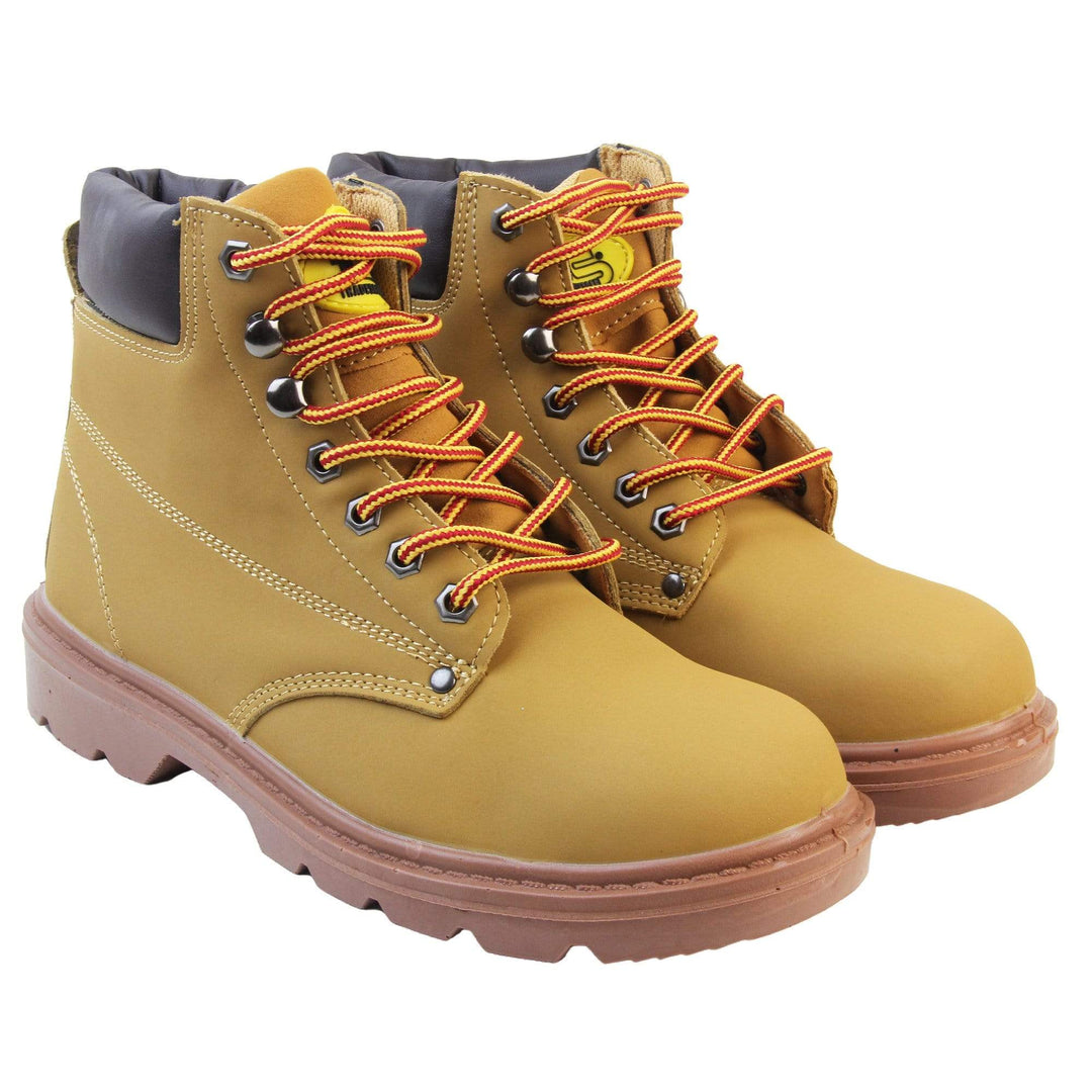 Steel Toe Safety Boots. Tan coloured boots with coated leather uppers to make them waterproof. Red and yellow laces up fastening with steel eyelets for the laces. The tongue has a yellow Tradesafe logo on it. Black padded cuff around the collar of the boots and a brown chunky sole with oil-resistant grip. Both feet next to each other at an angle. 