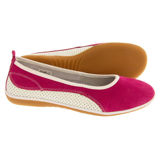 Suede ballet flat. Ballet style flat with a pink suede upper. White leather mesh runs along the bottom of the back half of the shoe. Brown sole. White edging around the sole and the opening of the shoe. White leather lining. Pink suede leather loop on heel of the shoe to help pull on. Both feet from a side profile with the left foot on its side behind the the right foot to show the sole.