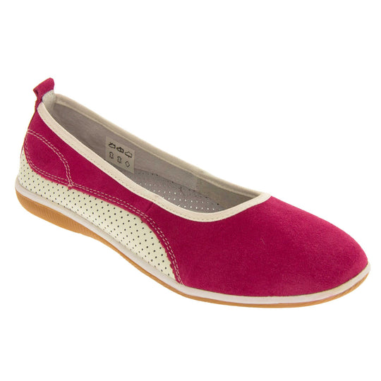 Suede ballet flat. Ballet style flat with a pink suede upper. White leather mesh runs along the bottom of the back half of the shoe. Brown sole. White edging around the sole and the opening of the shoe. White leather lining. Pink suede leather loop on heel of the shoe to help pull on. Right foot at an angle.