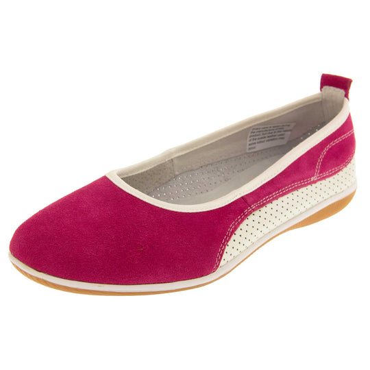 Suede ballet flat. Ballet style flat with a pink suede upper. White leather mesh runs along the bottom of the back half of the shoe. Brown sole. White edging around the sole and the opening of the shoe. White leather lining. Pink suede leather loop on heel of the shoe to help pull on. Left foot at an angle.