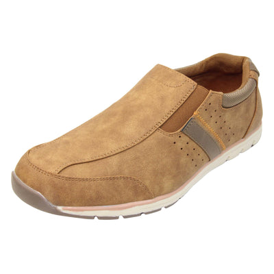 Tan trainers mens. Slip on trainers with tan faux suede uppers. Elasticated side gussets in brown and a dark brown diagonal stripe to the side of the shoe. Brown collar around the neck of the shoe with Oakenwood branding to the heel. Tan lining and a white outsole with grey sole. Left foot at an angle.