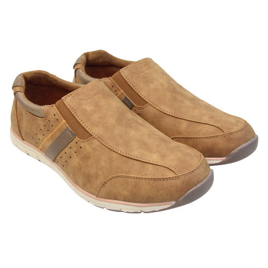 Tan trainers mens. Slip on trainers with tan faux suede uppers. Elasticated side gussets in brown and a dark brown diagonal stripe to the side of the shoe. Brown collar around the neck of the shoe with Oakenwood branding to the heel. Tan lining and a white outsole with grey sole. Both feet together at a slight angle.