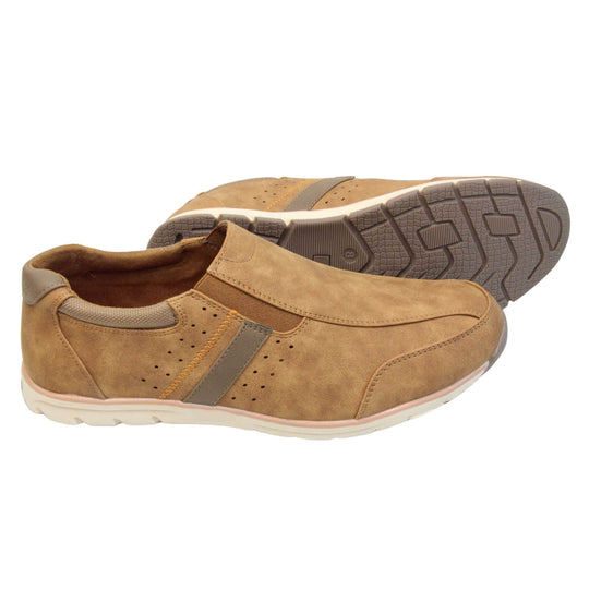 Tan trainers mens. Slip on trainers with tan faux suede uppers. Elasticated side gussets in brown and a dark brown diagonal stripe to the side of the shoe. Brown collar around the neck of the shoe with Oakenwood branding to the heel. Tan lining and a white outsole with grey sole. Both feet from a side profile with the left foot on its side behind the the right foot to show the sole.