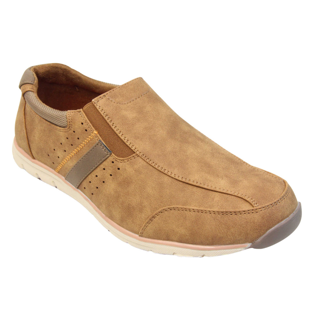 Tan trainers mens. Slip on trainers with tan faux suede uppers. Elasticated side gussets in brown and a dark brown diagonal stripe to the side of the shoe. Brown collar around the neck of the shoe with Oakenwood branding to the heel. Tan lining and a white outsole with grey sole. Right foot at an angle.