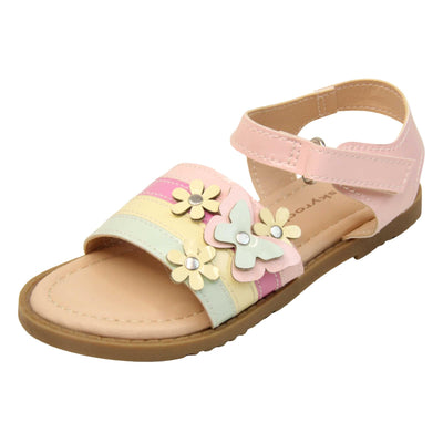 Toddler girls sandal. Strappy sandals with faux leather strappy upper made up of four colours, pastel green, yellow and pink and a bright pink. With pastel pink ankle strap with hook and loop fastening. Flower and butterfly detailing to the front of the shoe with a stud middle. Beige coloured insole with Skyrocket branding in brown. Brown sole with grip to the bottom. Left foot at an angle.