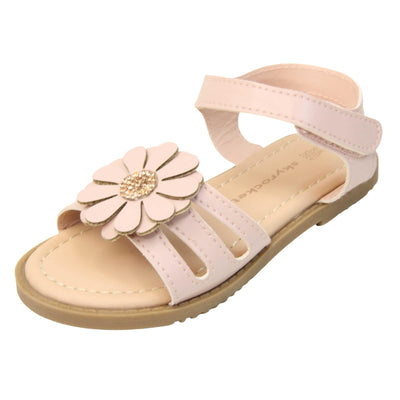 Toddler shoes girl. Strappy sandals with pale pink faux leather strappy upper. With around the ankle strap with hook and loop fastening. Pink flower detailing to the front of the shoe with a diamante middle. Beige coloured insole with Skyrocket branding in brown. Brown sole with grip to the bottom. Left foot at an angle.