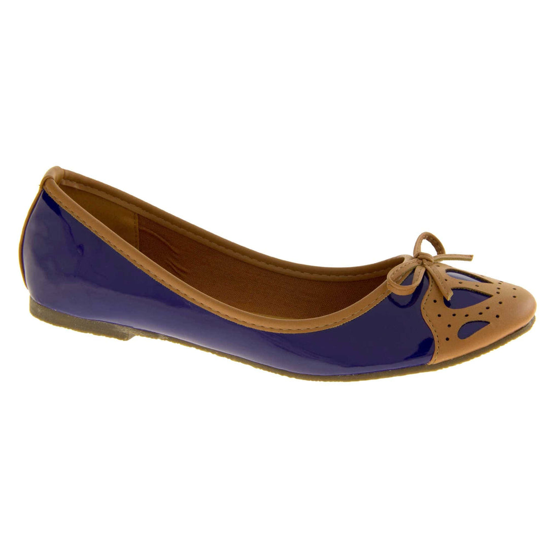 Women's ballet flats. Blue patent leather effect ballet pumps with brown faux leather collar and detailing to the toe. Brown sole with a very slight heel. Right foot at an angle.