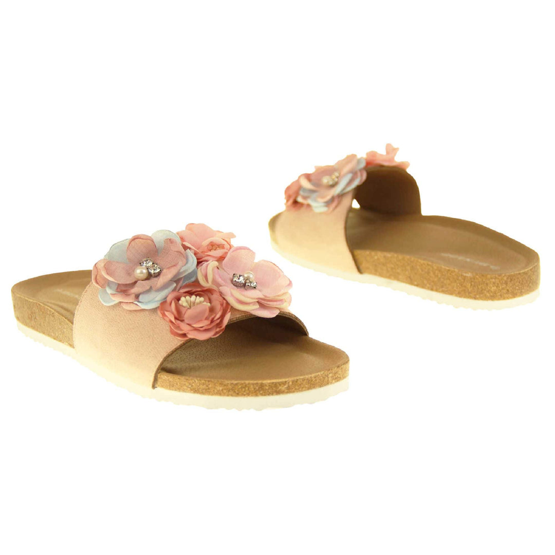 Womens Flower Sandals - Stunning festival style flowers across the top strap decorated with pearls and diamantes. Soft tan faux leather footbed sandals with white soles. Perfect for weddings, beaches, holidays or casual wear. Both feet facing opposite directions.