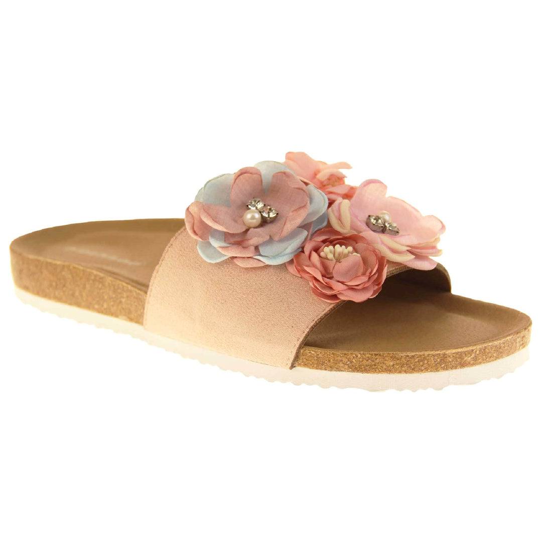 Womens Flower Sandals - Stunning festival style flowers across the top strap decorated with pearls and diamantes. Soft tan faux leather footbed sandals with white soles. Perfect for weddings, beaches, holidays or casual wear. Angled right side view.