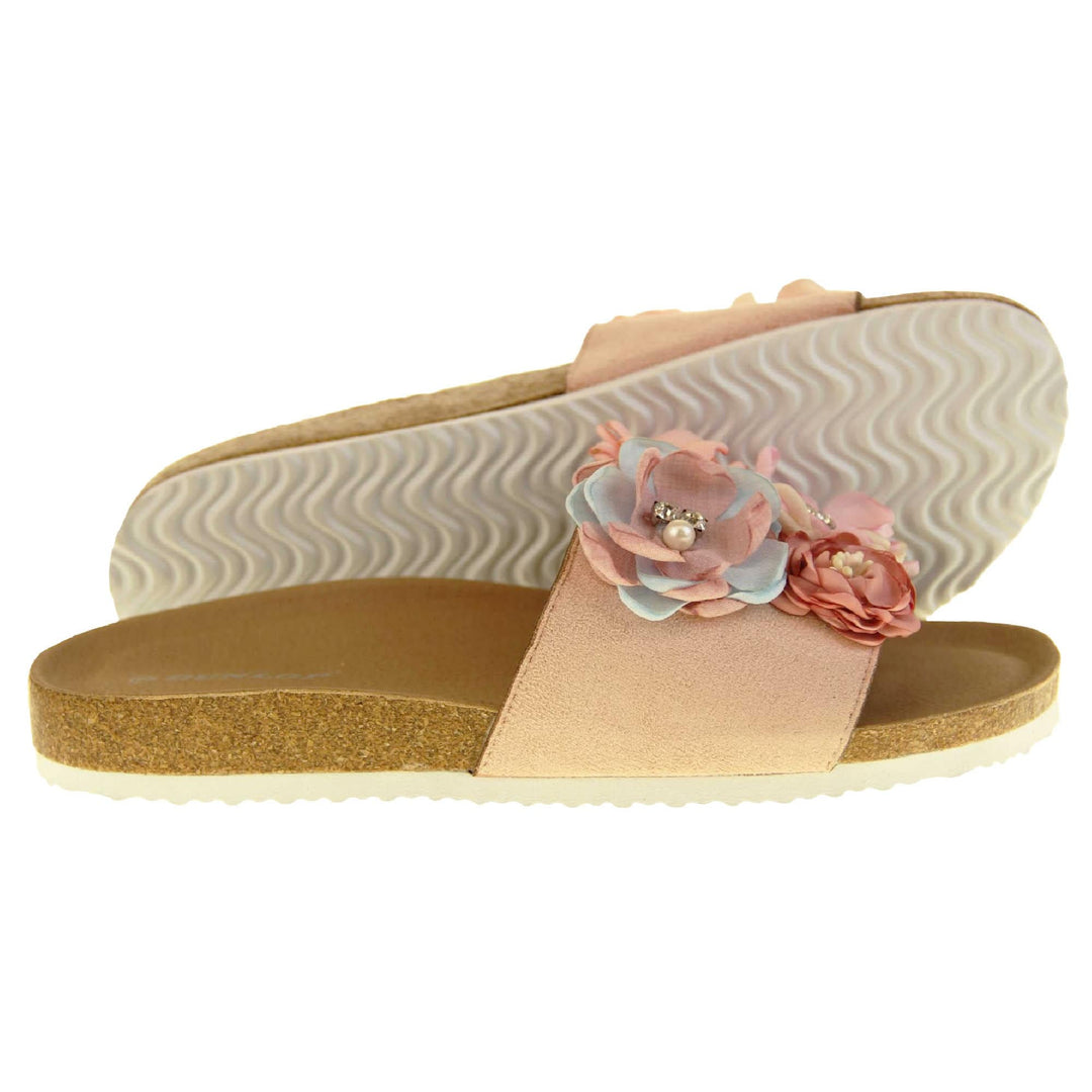 Womens Flower Sandals - Stunning festival style flowers across the top strap decorated with pearls and diamantes. Soft tan faux leather footbed sandals with white soles. Perfect for weddings, beaches, holidays or casual wear. Side and outsole view.