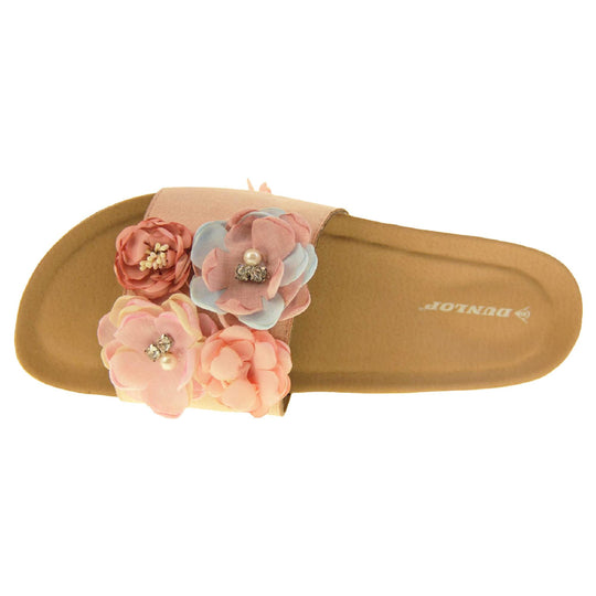 Womens Flower Sandals - Stunning festival style flowers across the top strap decorated with pearls and diamantes. Soft tan faux leather footbed sandals with white soles. Perfect for weddings, beaches, holidays or casual wear. View from above.