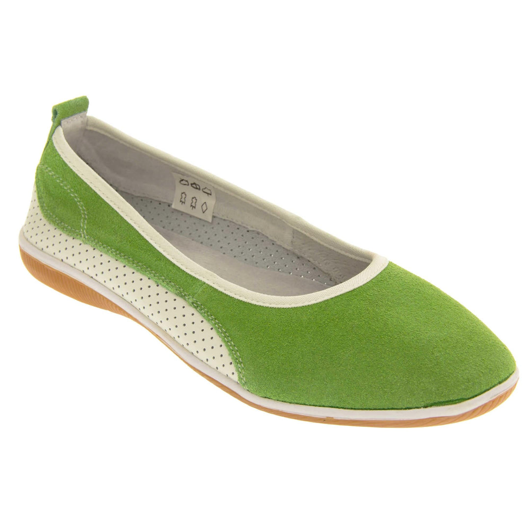 Women's leather shoes flat. Ballet style flat with a green suede upper. White leather mesh runs along the bottom of the back half of the shoe. Brown sole. White edging around the sole and the opening of the shoe. White leather lining. Green leather loop on heel of the shoe to help pull on. Right foot at an angle.